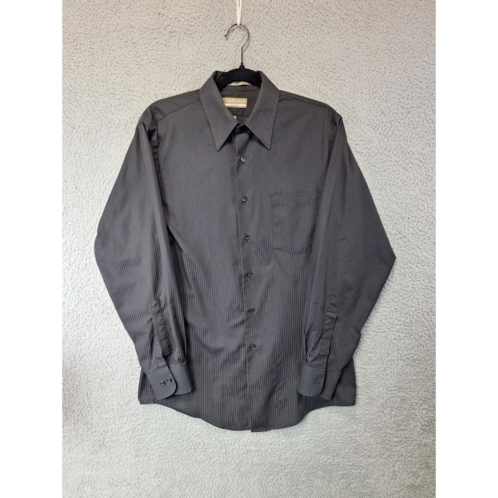 Van Heusen Dress Shirt Mens‎ M 15 32/33 Black Satin Stripe Fitted Wrinkle Free